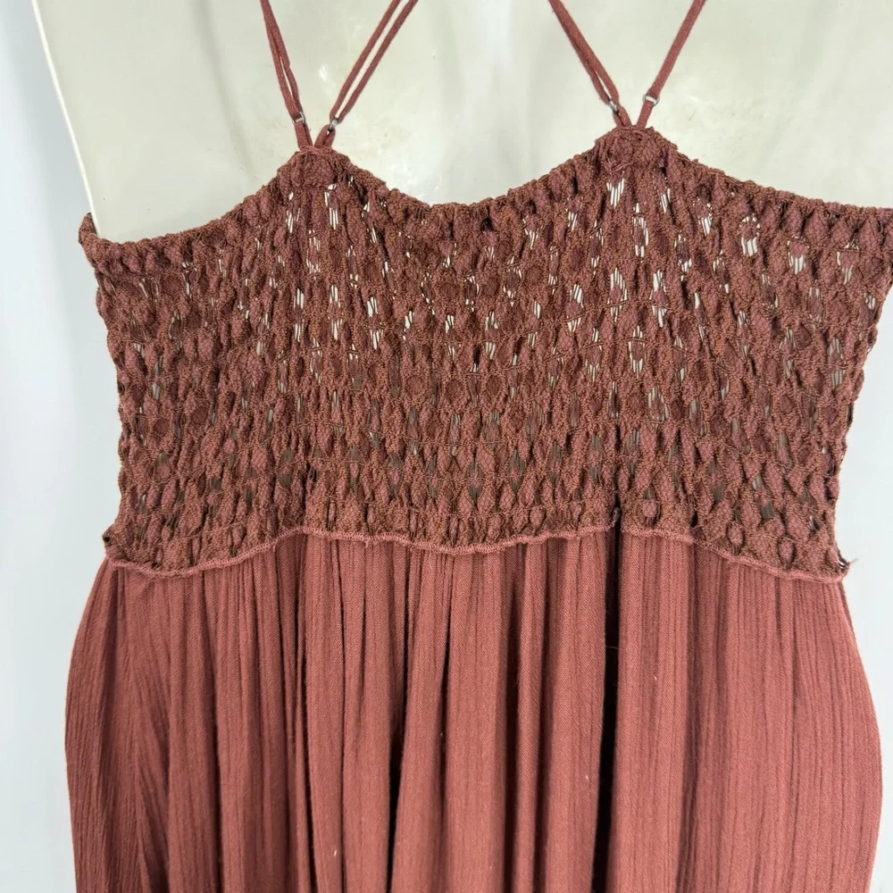 Free People Adella Brown Maxi romantic bohemian Dress with Lace Trim M - Picture 4 of 17